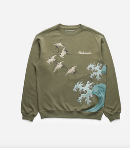 Flying Peace Cranes Neck Sweatshirt Olive