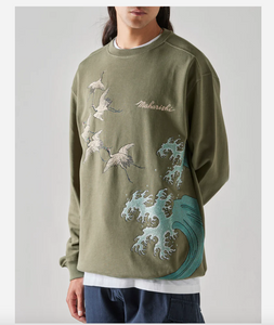 Flying Peace Cranes Neck Sweatshirt Olive