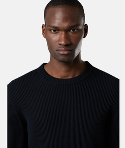 Navy Blue Crewneck Jumper With Ribbed Trims