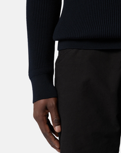 Navy Blue Crewneck Jumper With Ribbed Trims
