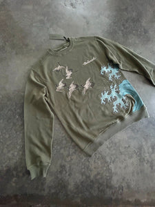 Flying Peace Cranes Neck Sweatshirt Olive