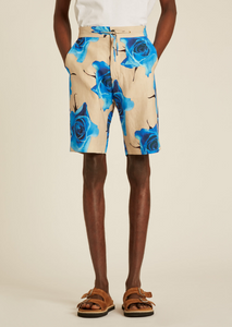 Beige Linen-Blend 'Monarch Rose' Print Shorts